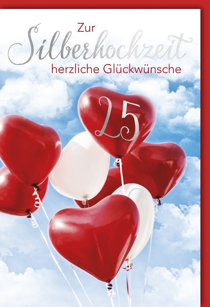 Silberhochzeitskarte Elegant: 25 Jahre Ehejubiläum mit Herzballons & Folienprägung – Stilvolle Glückwünsche mit Kuvert