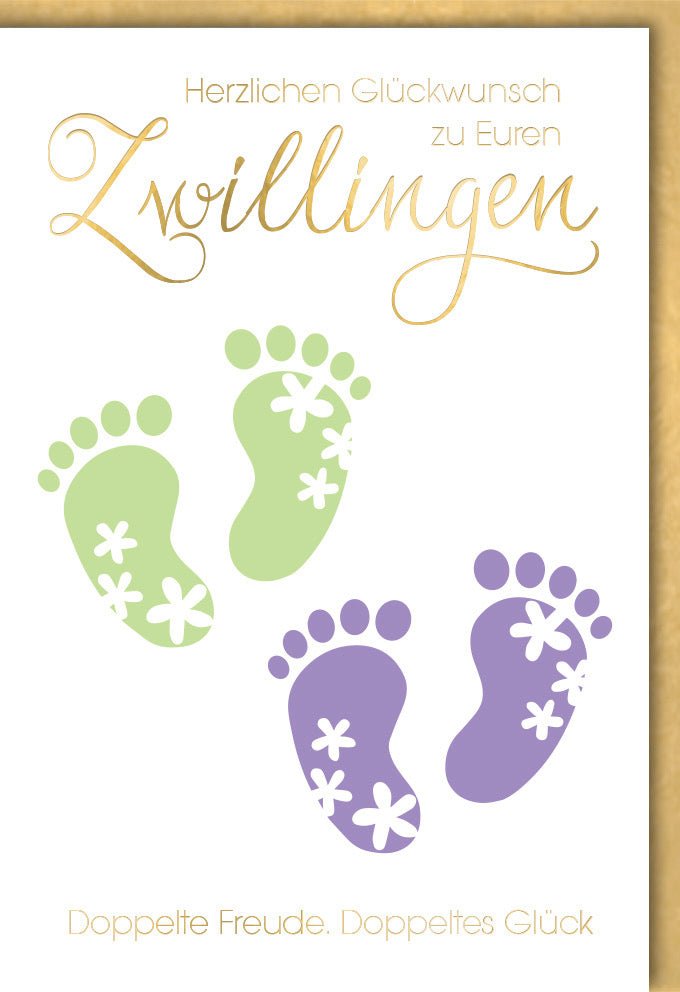 Geburtskarte Zwillinge – Doppeltes Glück & zauberhafte Freude, Elegantes Design mit Folienprägung & Kuvert