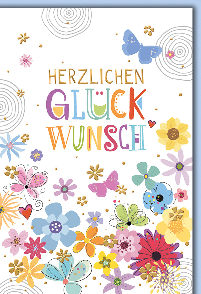 Glückwunschkarte Elegant: Bunte Blüten und Schmetterlinge in Pastell-Tönen