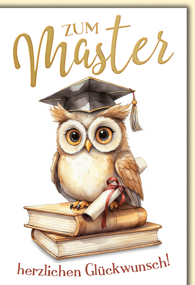 Glückwunschkarte Master: Eule mit Doktorhut auf Büchern, Aquarell-Stil, für Absolventen