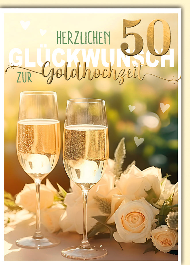 Goldhochzeit-Glückwunschkarte: Champagnergläser mit weißen Rosen in warmen Goldtönen