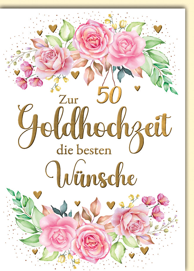 Goldhochzeit Karte: Rosa Rosen mit Gold-Herzen in Aquarell-Stil, 50 Jahre