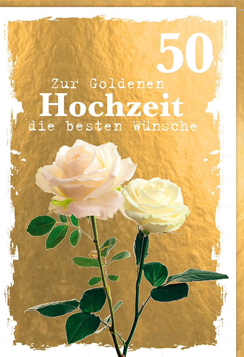 Goldhochzeitskarte – Elegante Rosen auf goldenem Hintergrund, stilvoll für das 50. Jubiläum