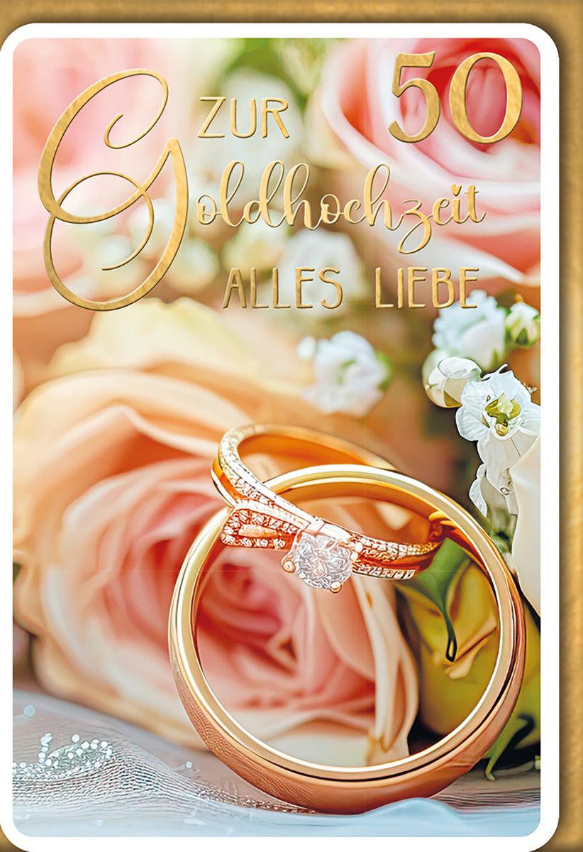 Goldhochzeitskarte – Elegante Rosen & Ringe, Goldakzente, Romantisch für das 50. Jubiläum