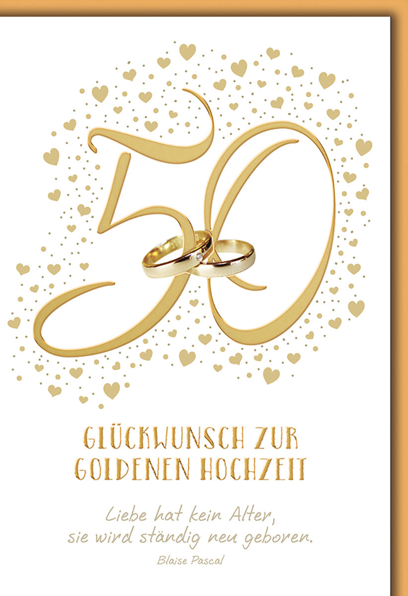 Goldhochzeitskarte: Elegantes Design mit goldenen Ringen und Herzmotiven für das besondere Jubiläum