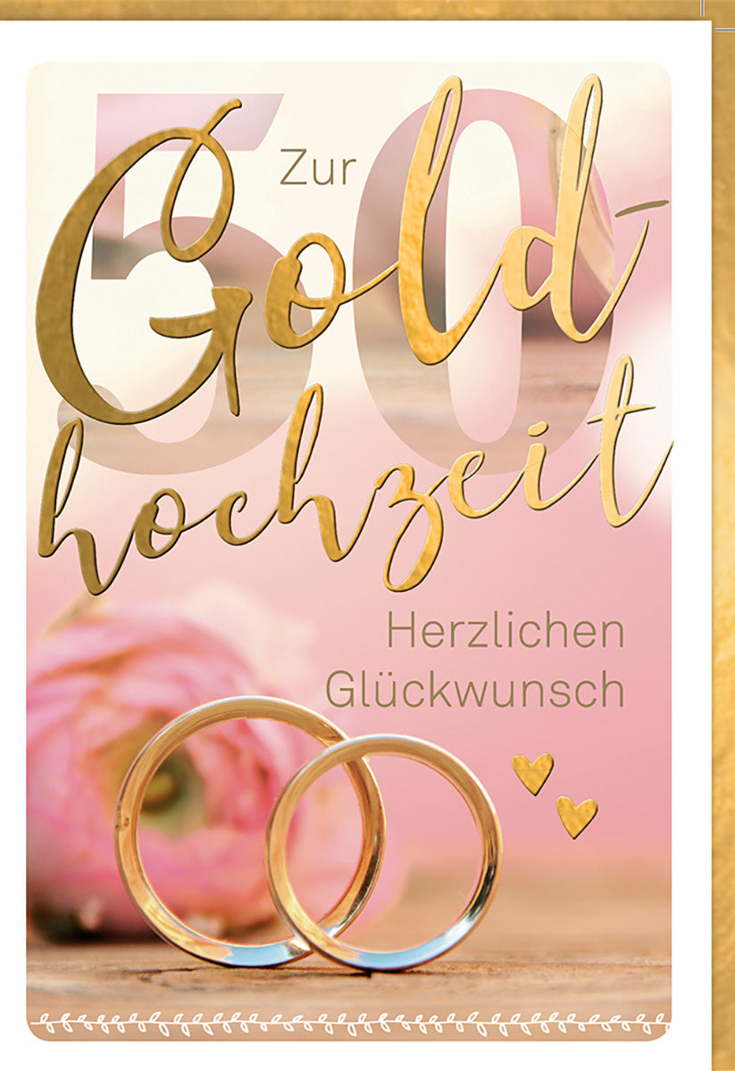 Goldhochzeitskarte – Elegantes Design mit goldenen Ringen und Rosen, zartes Rosa für besondere Momente