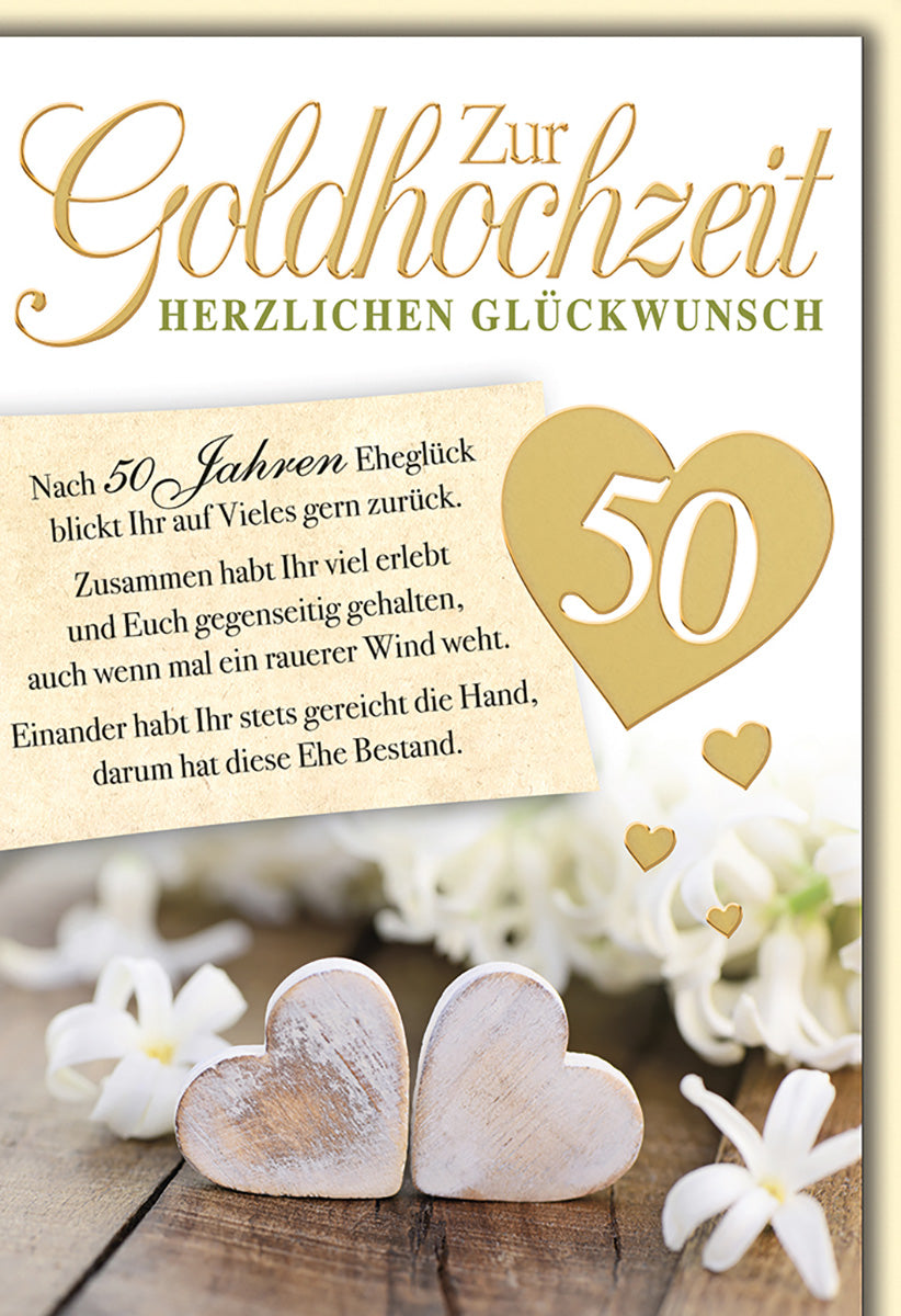 Goldhochzeitskarte: Elegantes Herzdesign mit weißen Blumen und goldenen Akzenten für 50 Jahre Liebe