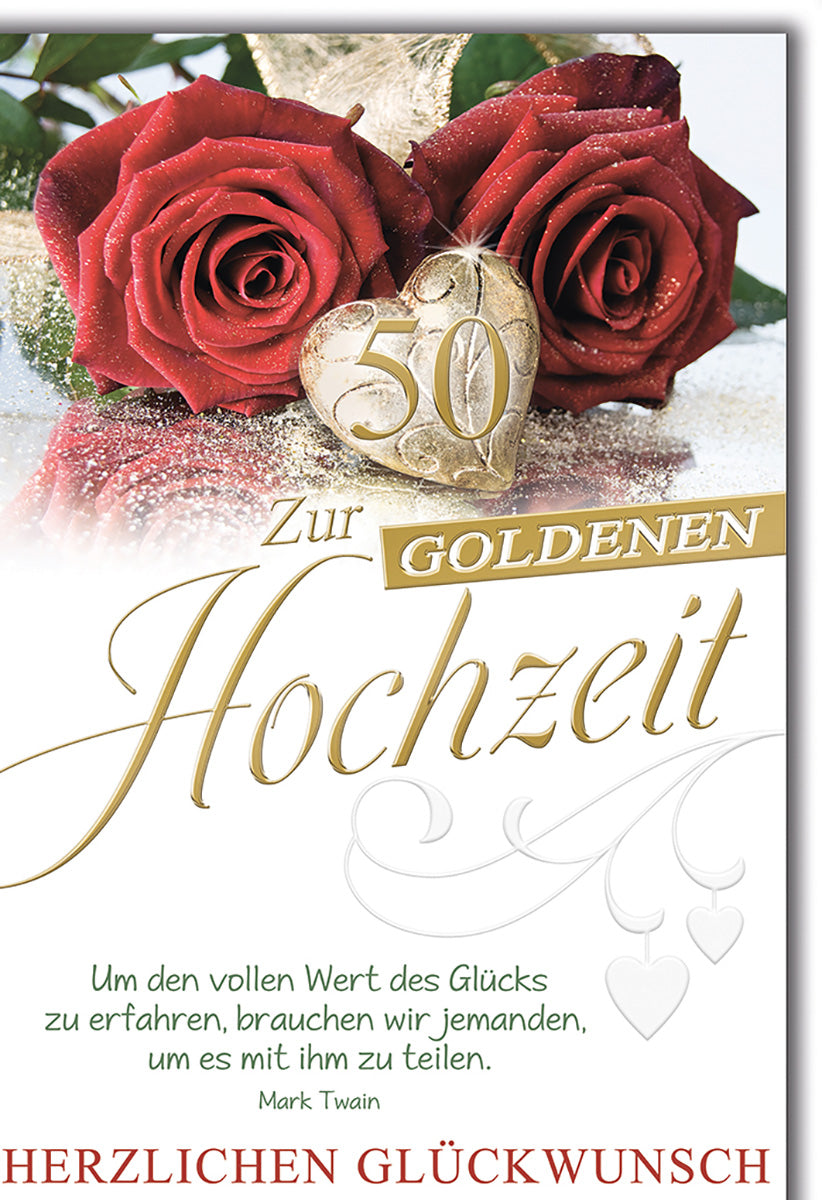 Goldhochzeitskarte: Elegantes Rosenmotiv mit Herz und Goldakzenten für besondere Jubiläumswünsche