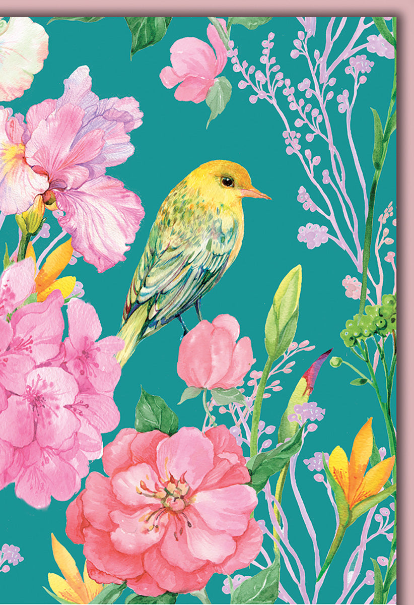 Grußkarte: Bunter Vogel im Blumenmeer – Frühlingshafte Blankokarte ohne Text für Naturliebhaber