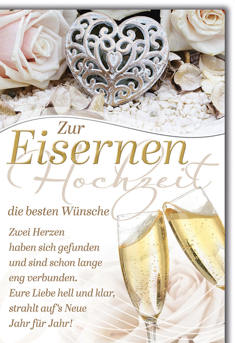 Grußkarte Eiserne Hochzeit: Elegantes Herzmotiv, Rosen & Champagnergläser – Perfekt für Jubiläumsfeier