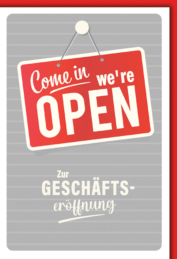 Grußkarte Geschäftseröffnung: Rotes OPEN-Schild mit modernem Design, Business-Stil