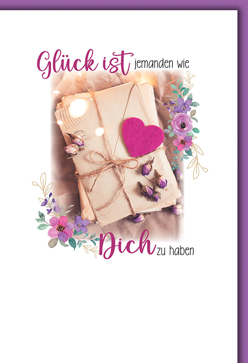 Grußkarte Liebe: Romantisches Design mit Herzmotiv und lila Blumen – Serie Glücksmomente