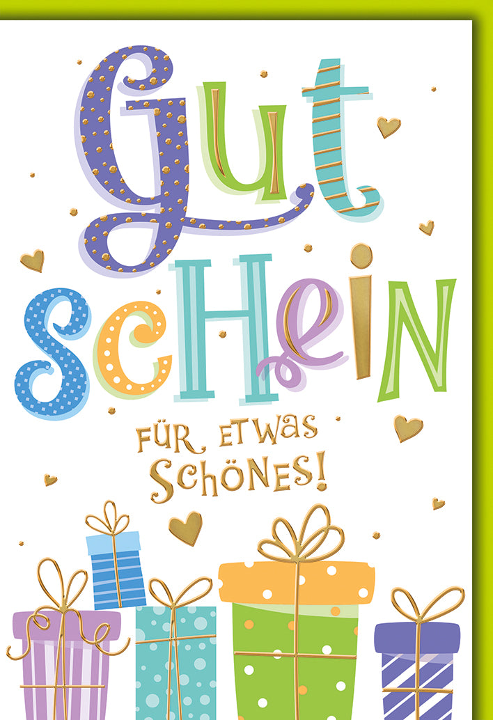 Gutschein-Karte Modern: Bunte Geschenkboxen mit Herzen und Typografie-Mix