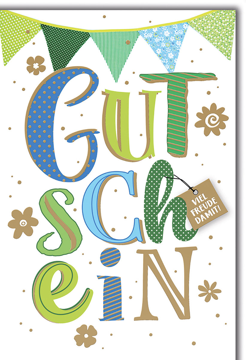 Gutscheinkarte – Bunte Buchstaben und Blumen, Fröhliches Design mit Wimpel, Ideal zum Verschenken