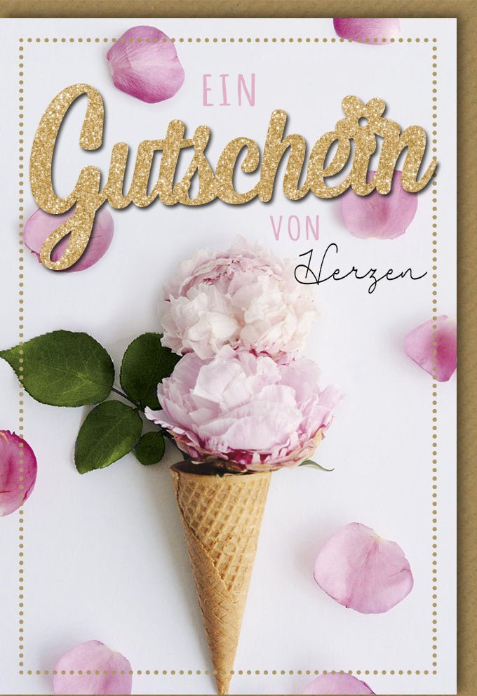 Gutscheinkarte von Herzen – Blumeneis mit Pfingstrosen, Glitzer & Applikation in Gold & Rosa, Geschenk für Frauen & Mädchen