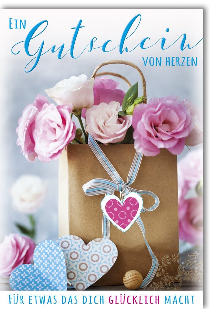 Gutscheinkarte Herzliche Grüße: Liebevolle Geschenkidee für Glücksmomente mit Blumen & Geschenktüte, inkl. farblich passendem Kuvert