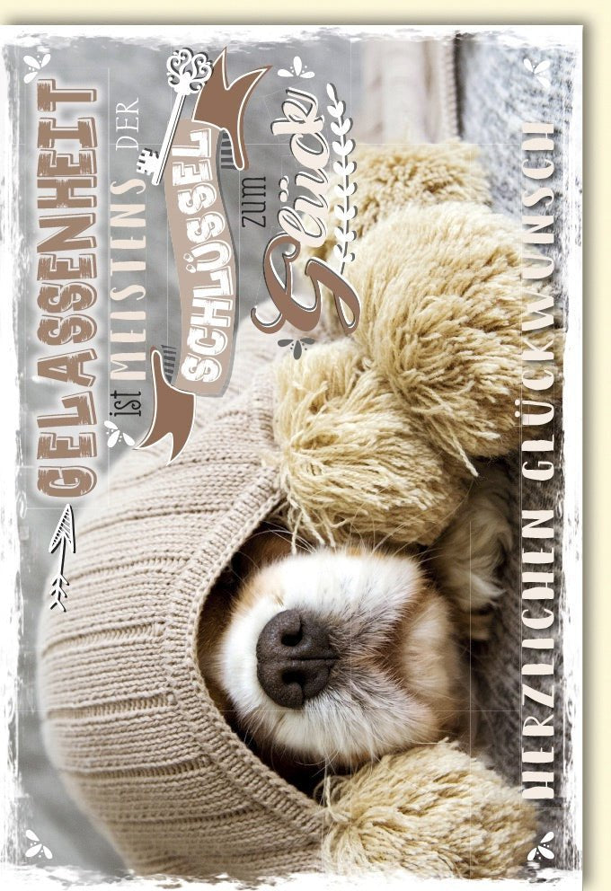 Glückwunschkarte "Schlüssel zum Glück": Hund, Herz & Wärme – Entspannte Freude, Gelassenheit & liebevolles Design mit Kuvert
