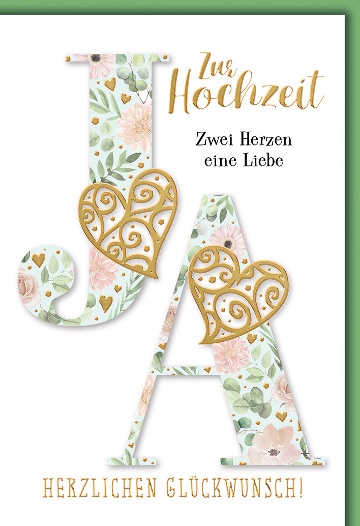 Hochzeitskarte Elegant: Florale JA-Buchstaben mit goldenen Herzen, romantisch