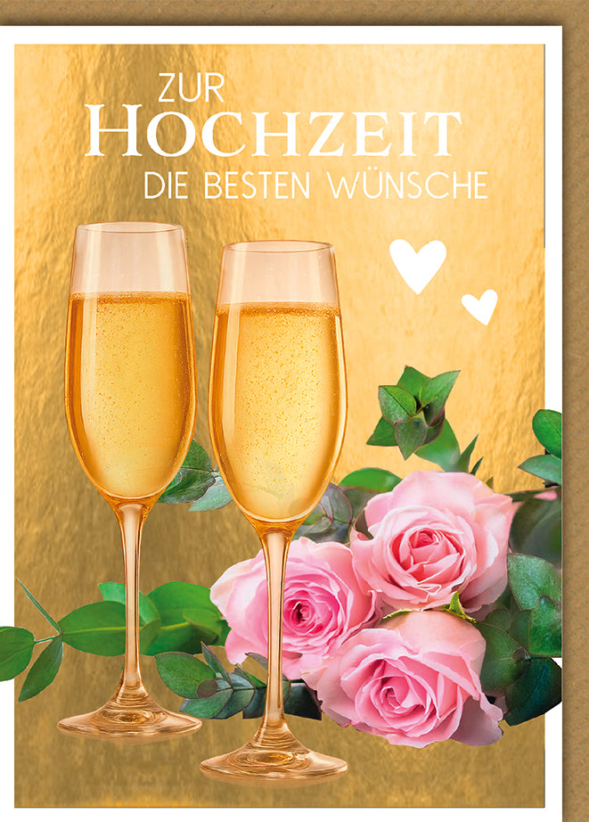 Hochzeitskarte Elegant: Goldene Sektgläser mit rosa Rosen auf goldenem Hintergrund