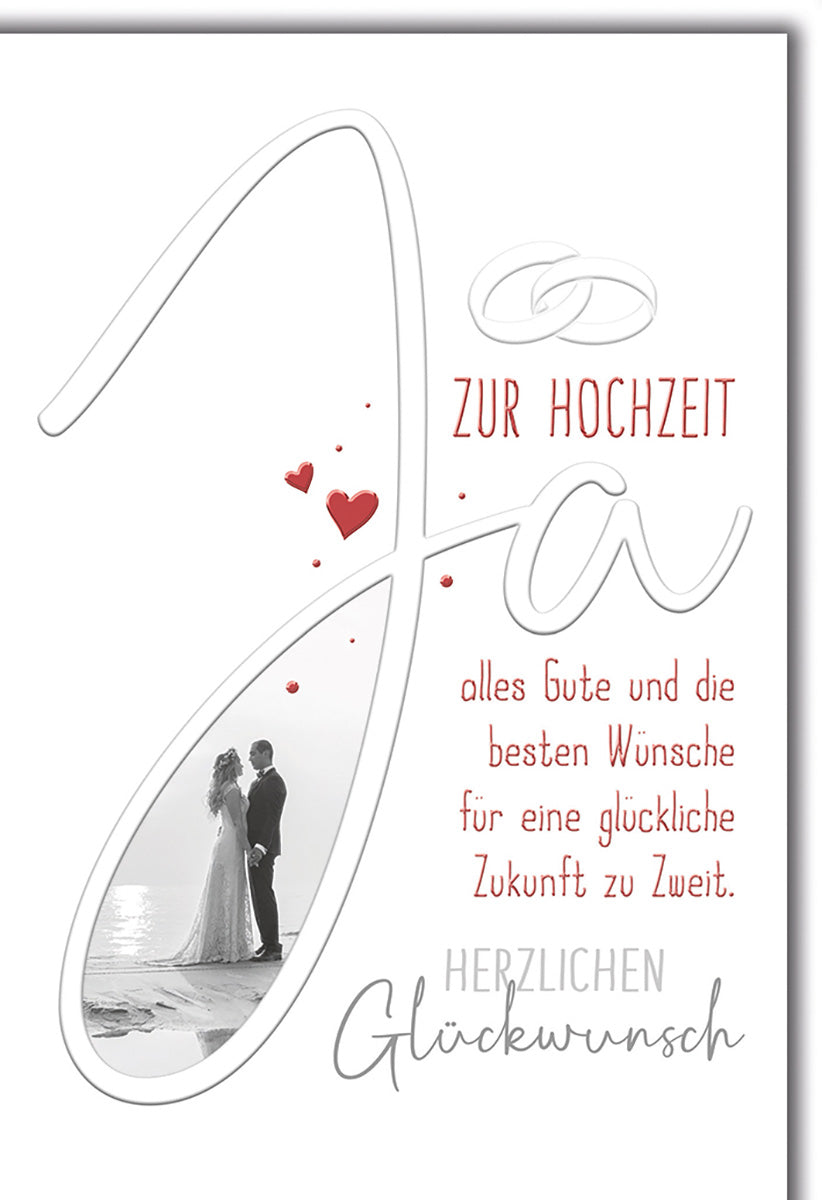 Hochzeitskarte Elegant: Romantisches Paar am Strand, Herzmotive, Schwarz-Weiß mit roten Akzenten