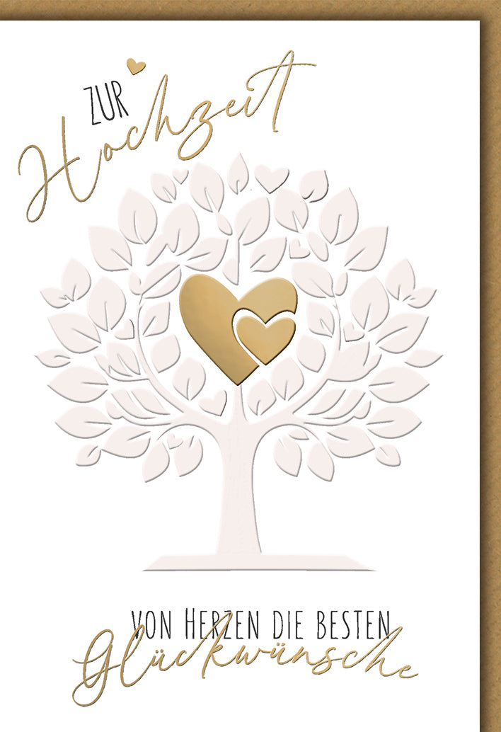 Hochzeitskarte Elegant: Weißer Baum mit goldenem Doppelherz, romantische Typografie