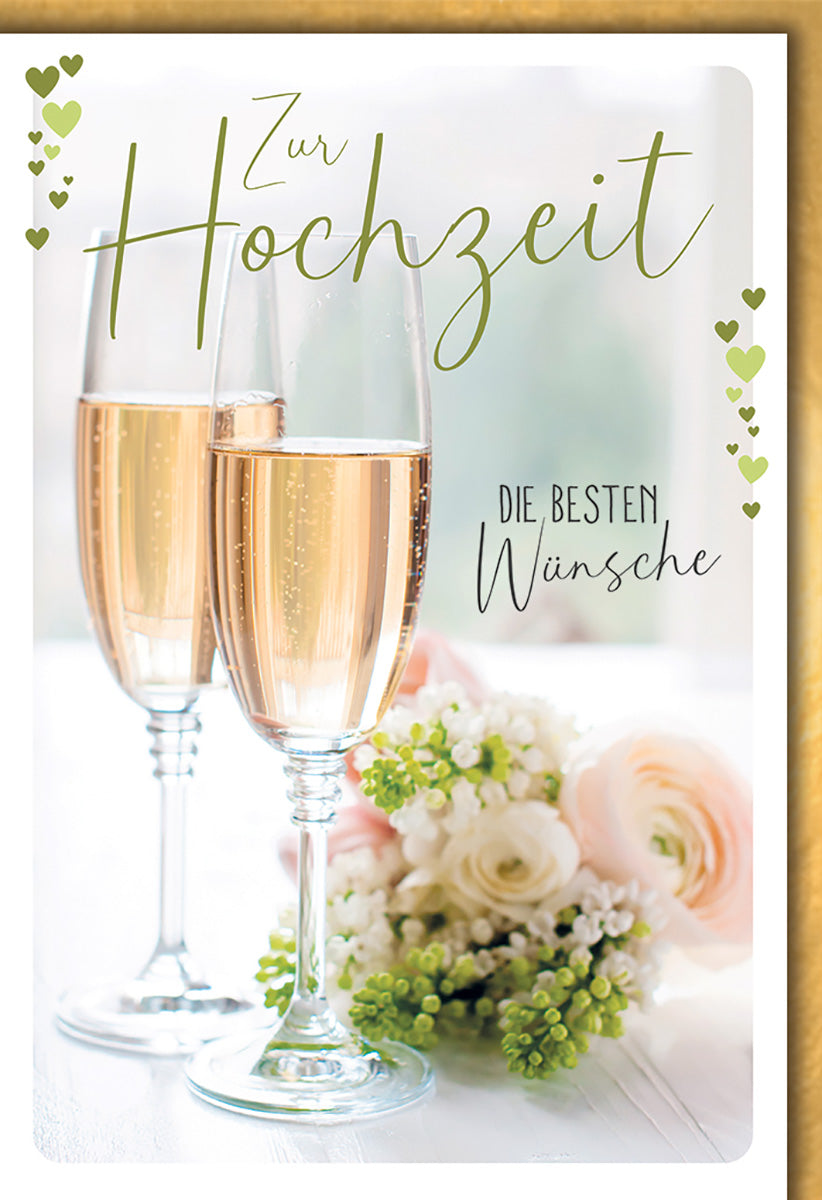 Hochzeitskarte: Elegante Champagnergläser & Blumenmotiv in Pastell für stilvolle Glückwünsche