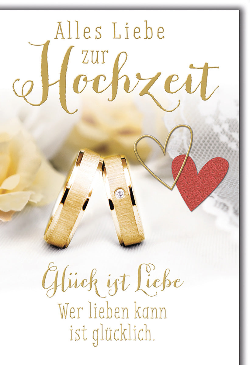 Hochzeitskarte: Elegante Goldringe & Herzmotiv, romantische Schrift in Creme und Rot für Verliebte