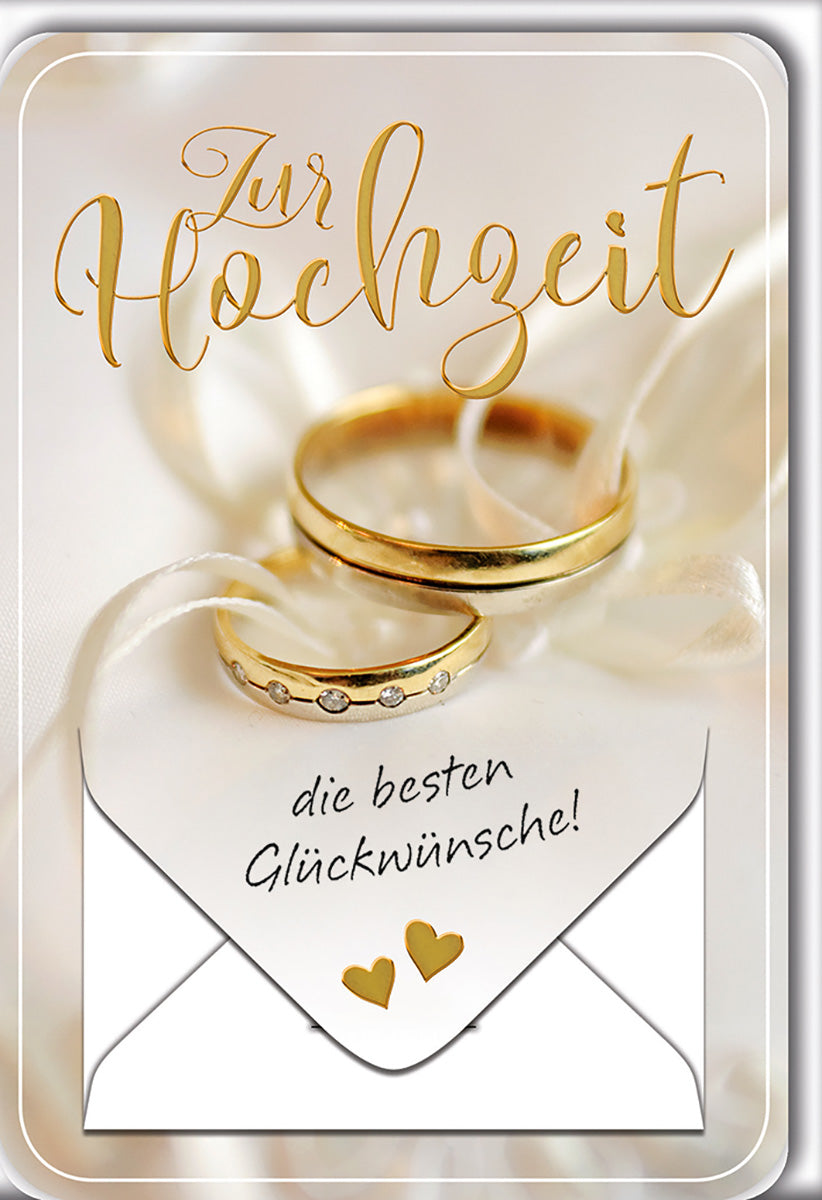 Hochzeitskarte: Elegante Goldringe & Schleifen auf Weiß – Edle Glückwünsche zur Trauung