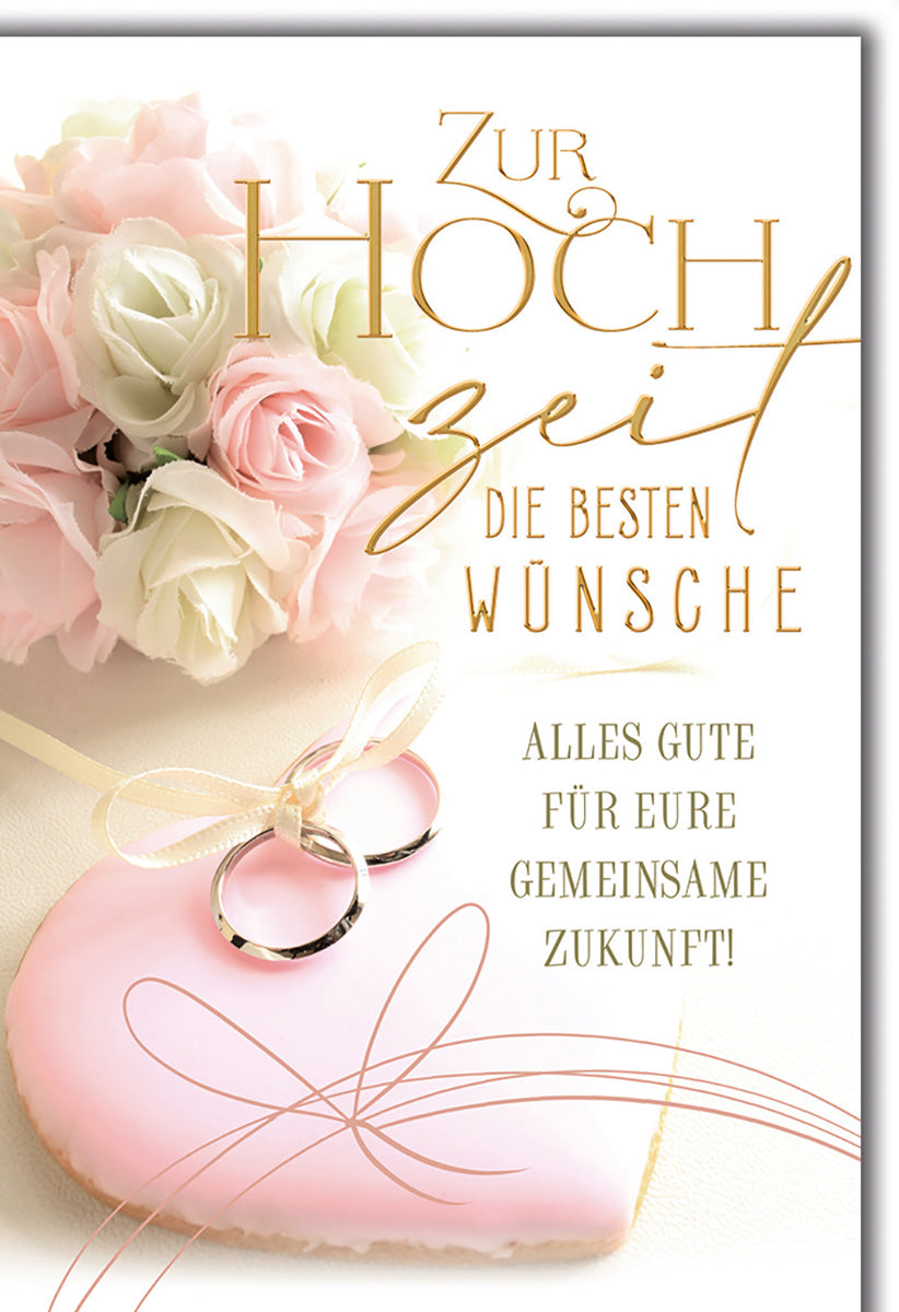 Hochzeitskarte: Elegante Rosé-Ringe & Blumen, Goldschrift für romantische Glückwünsche zur Hochzeit