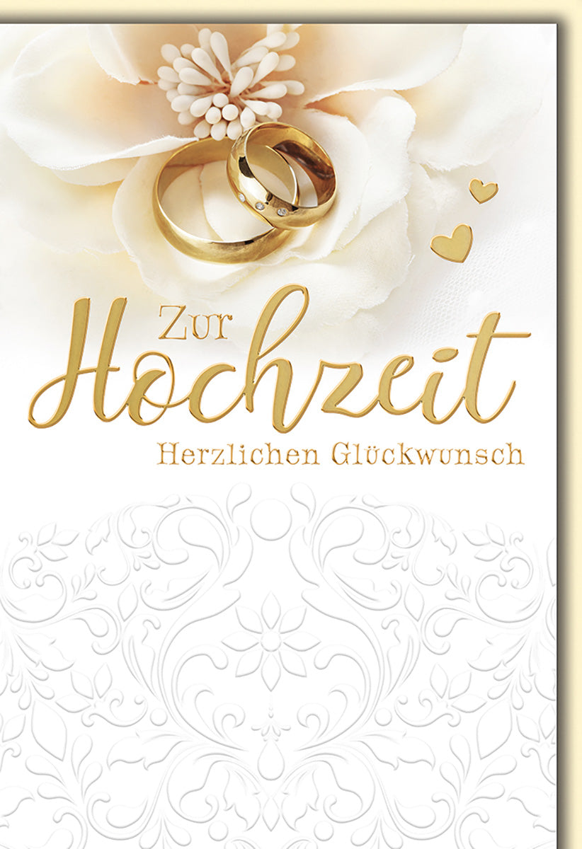 Hochzeitskarte: Elegantes Blumen- und Ringdesign in Gold und Weiß – Stilvolle Glückwünsche zur Trauung