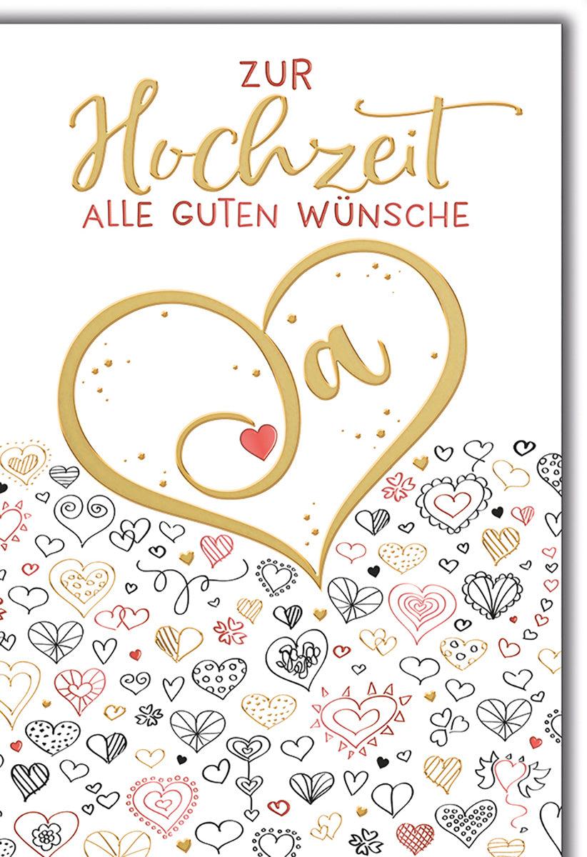 Hochzeitskarte: Elegantes Herz-Design mit Goldakzenten und romantischen Symbolen für Verliebte