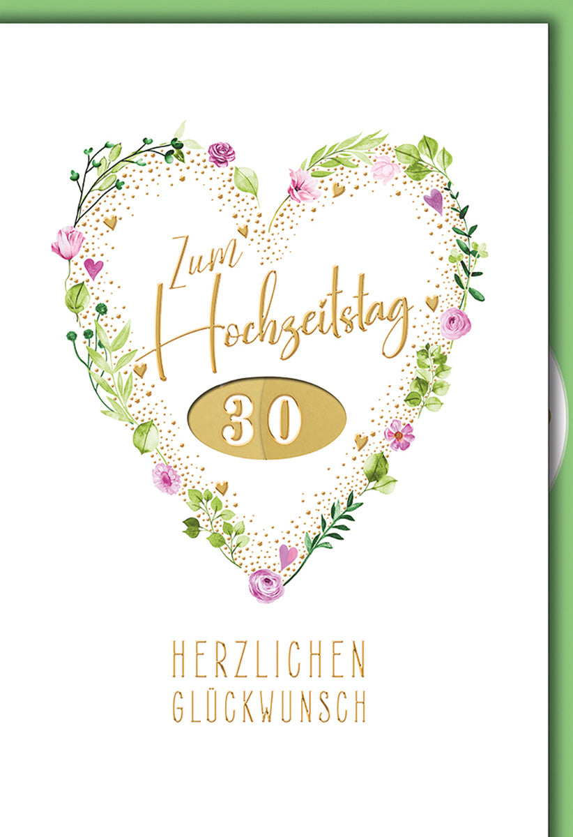 Hochzeitskarte: Elegantes Herzdesign mit floralen Akzenten und Goldprägung für den 30. Hochzeitstag