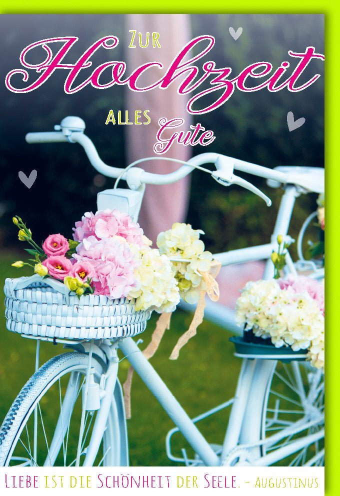 Hochzeitskarte Blumen & Fahrrad: Romantische Grüße für das Brautpaar. Elegant, mit passendem Kuvert – zeitlos & ausdrucksstark.