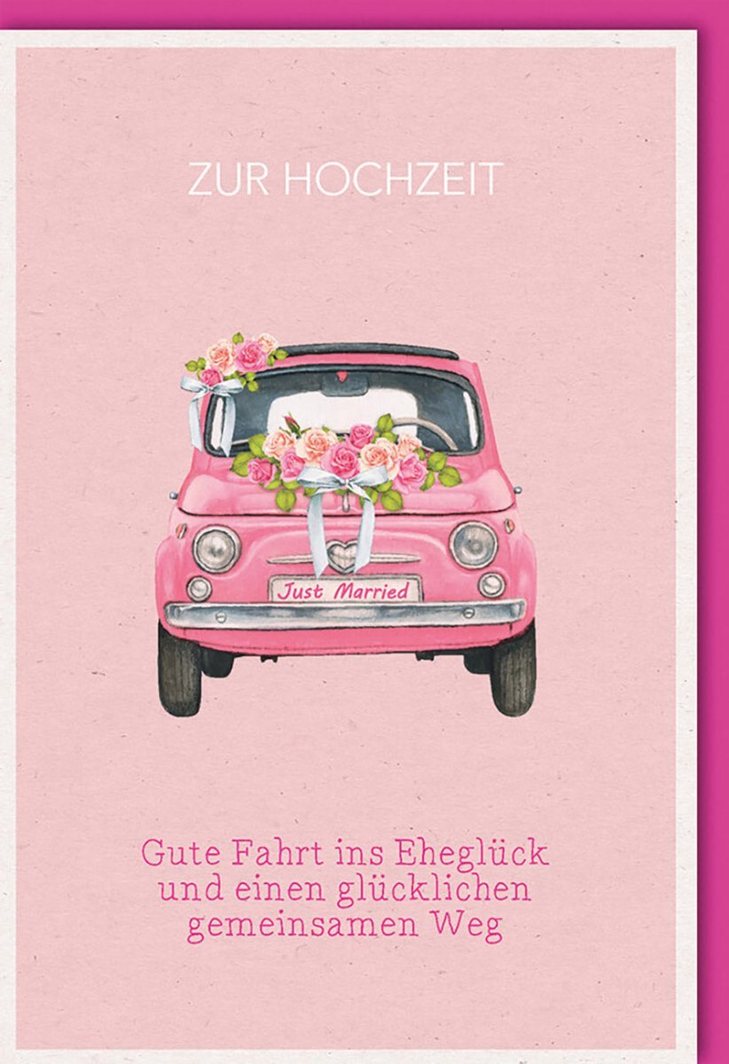 Hochzeitskarte "Gute Fahrt ins Eheglück" - Vintage Auto & Rosé Blumen für das Brautpaar. Mit Kuvert.