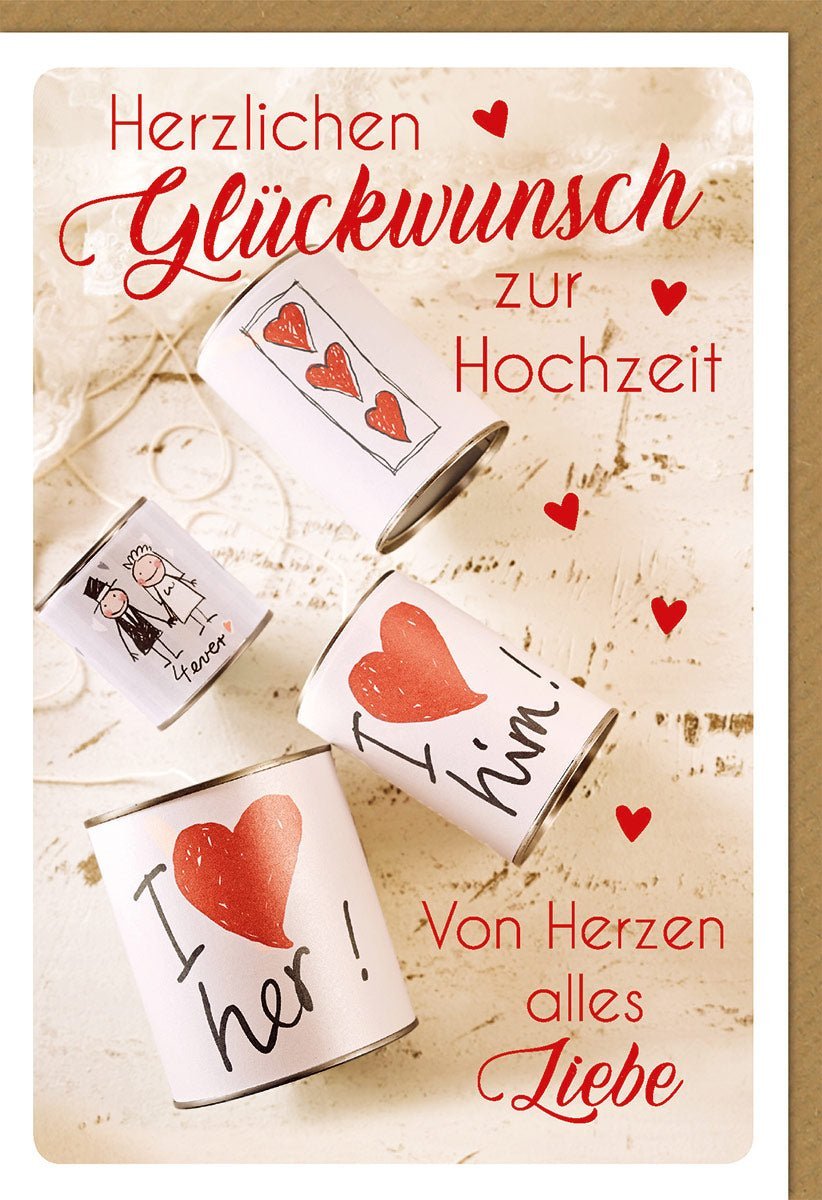 Hochzeitskarte: Glückwünsche zur Vermählung – Romantische Herzen & Dosen in Weiß/Rot. La Vida Kollektion mit passendem Kuvert.
