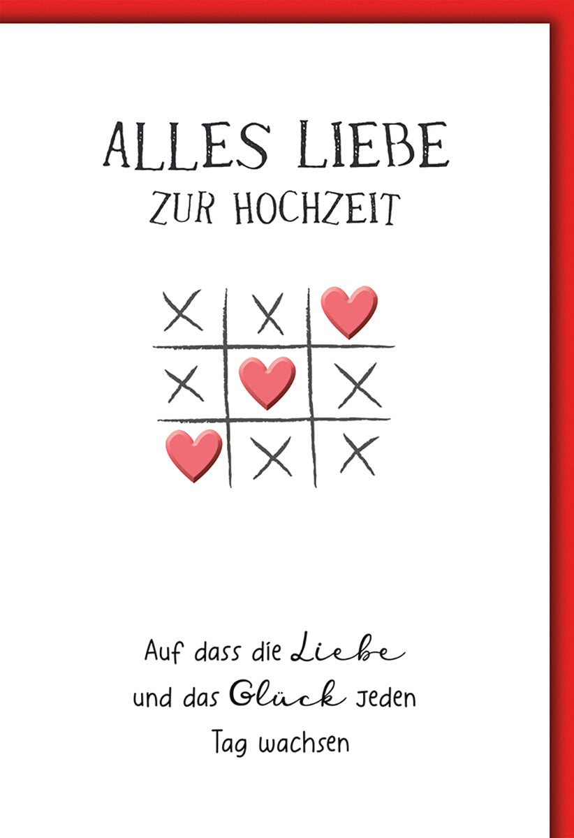 Hochzeitskarte im modernen Design mit Herz-Motiv und liebevollem Spruch in Rot und Schwarz.