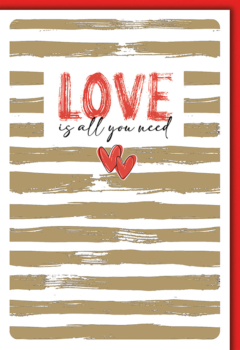 Hochzeitskarte im modernen Streifen-Design mit roten Herzen und romantischem Schriftzug "Love is all you need"