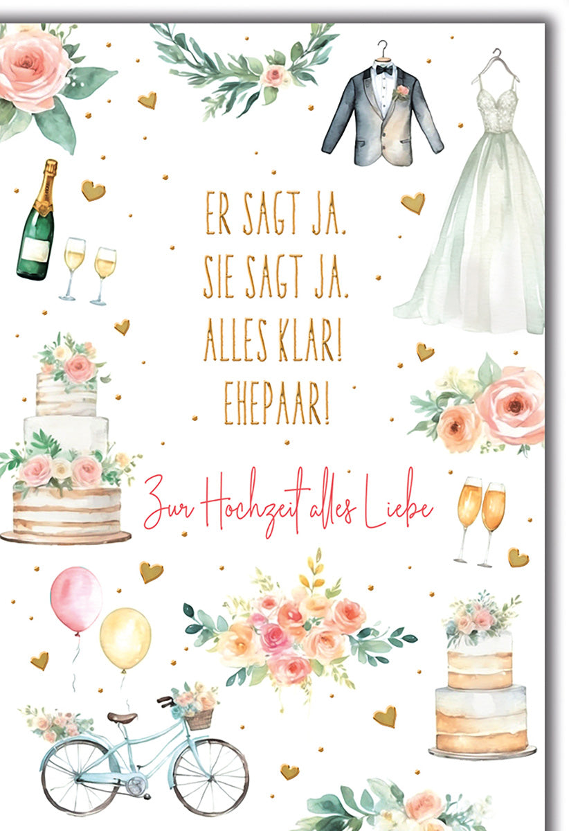 Hochzeitskarte im romantischen Aquarell-Stil mit Blumen, Torte und Fahrrad für das Brautpaar