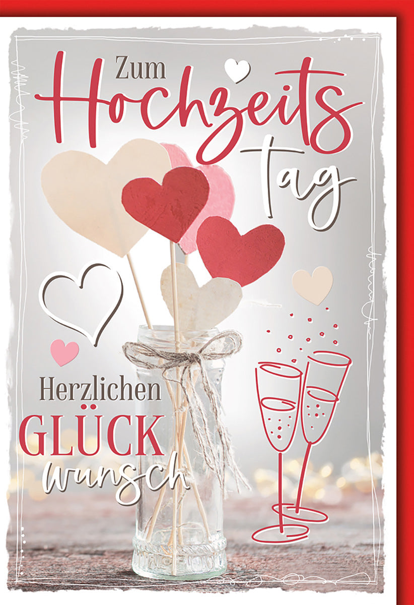 Hochzeitskarte im romantischen Stil mit Herz-Motiv und Sektgläsern, ideal für den Hochzeitstag.