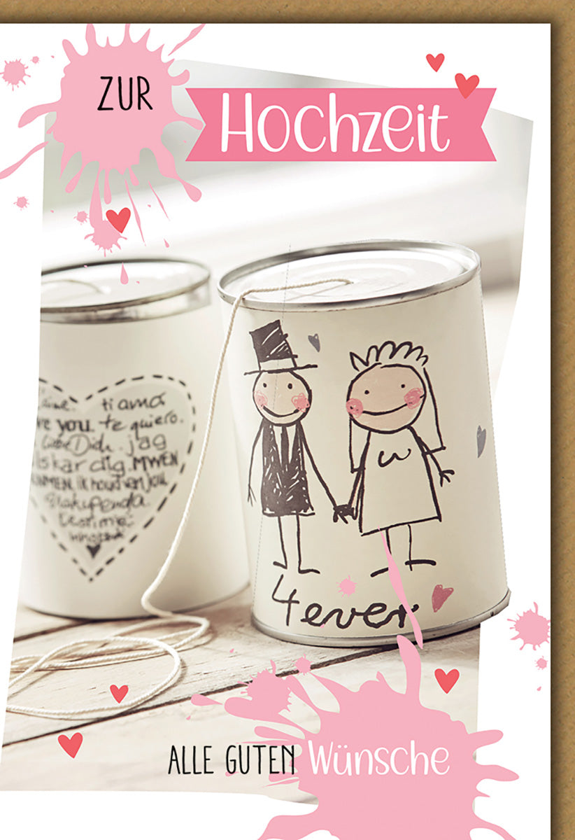 Hochzeitskarte im verspielten Design mit niedlichem Brautpaar-Motiv und romantischen Herz-Details