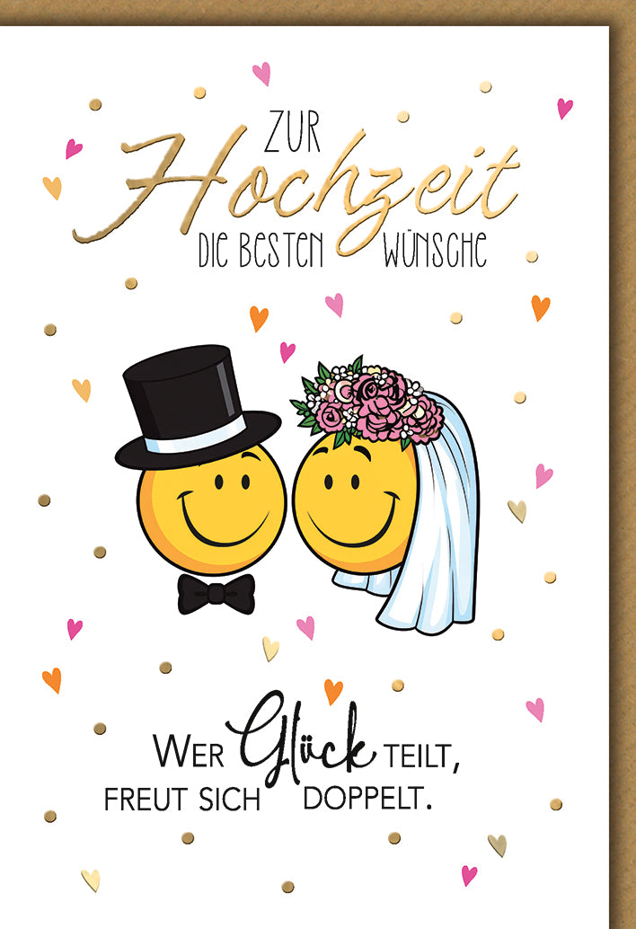 Hochzeitskarte Lustig: Braut und Bräutigam Smiley-Paar mit Spruch über Glück