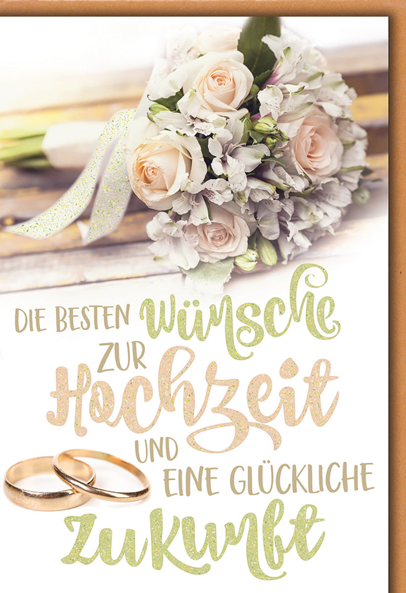 Hochzeitskarte mit Blumenstrauß und Ringen – Elegante Glückwünsche in Pastellfarben für das Brautpaar