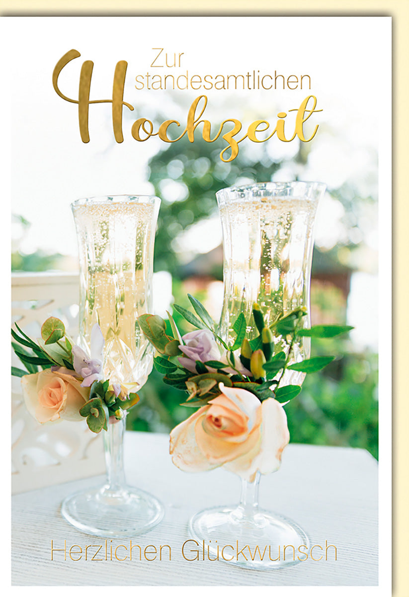 Hochzeitskarte mit Champagnergläsern und Blumen – Elegante Glückwünsche zur standesamtlichen Trauung