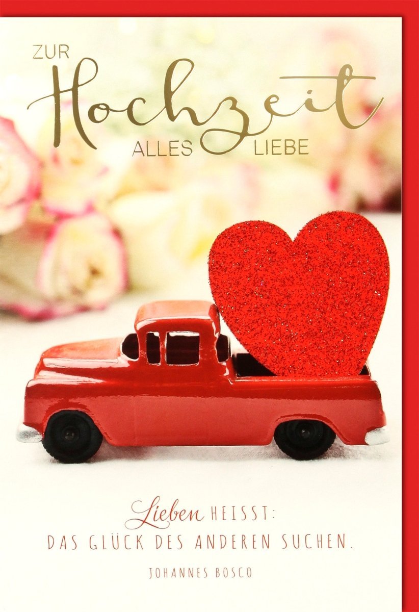 Hochzeitskarte Liebe: Glitzerherz & Oldtimer Vintage | Folienprägung & Glitzerlack mit Kuvert – Glücksmomente für Paare