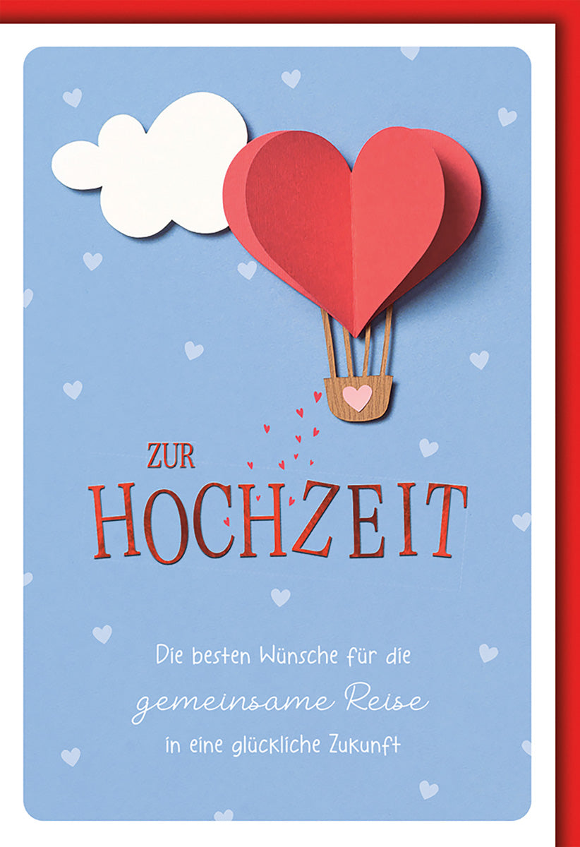 Hochzeitskarte mit Herz-Ballon-Motiv, zartem Blau und Rot – Perfekt für romantische Glückwünsche