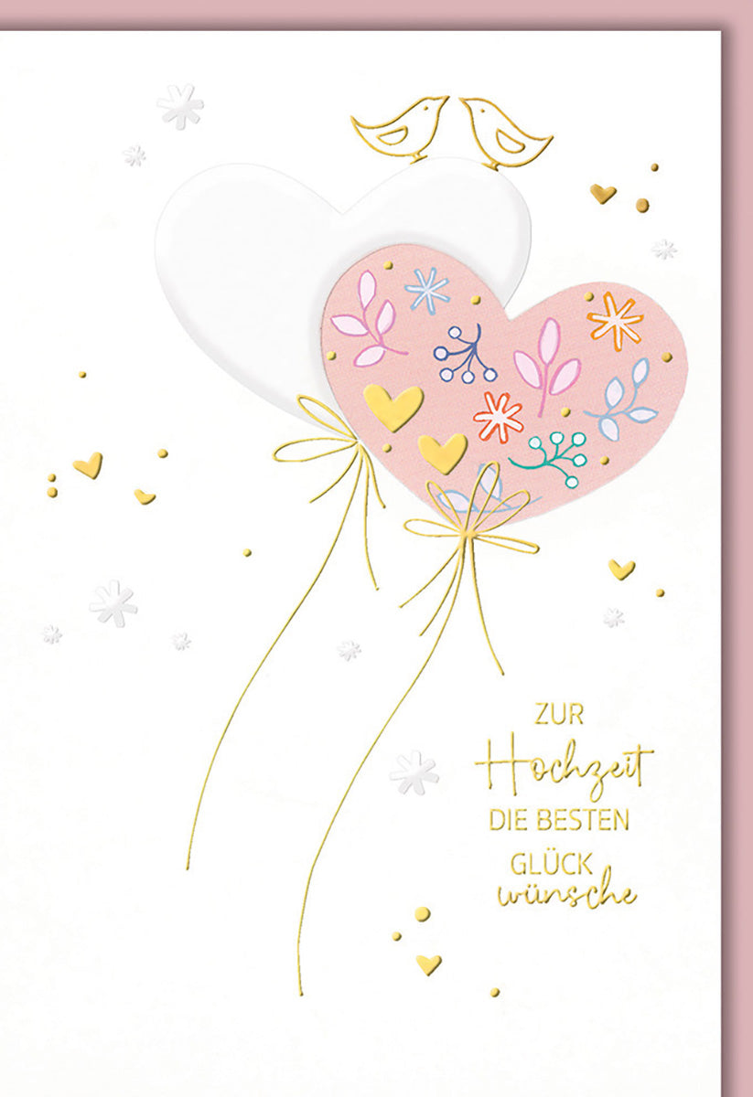 Hochzeitskarte mit Herzballons und Blumenmotiv – Verspieltes Design in Rosa und Gold für romantische Grüße