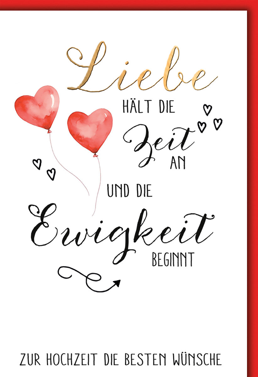 Hochzeitskarte mit Herzballons und romantischem Spruch in Rot und Gold für verliebte Paare