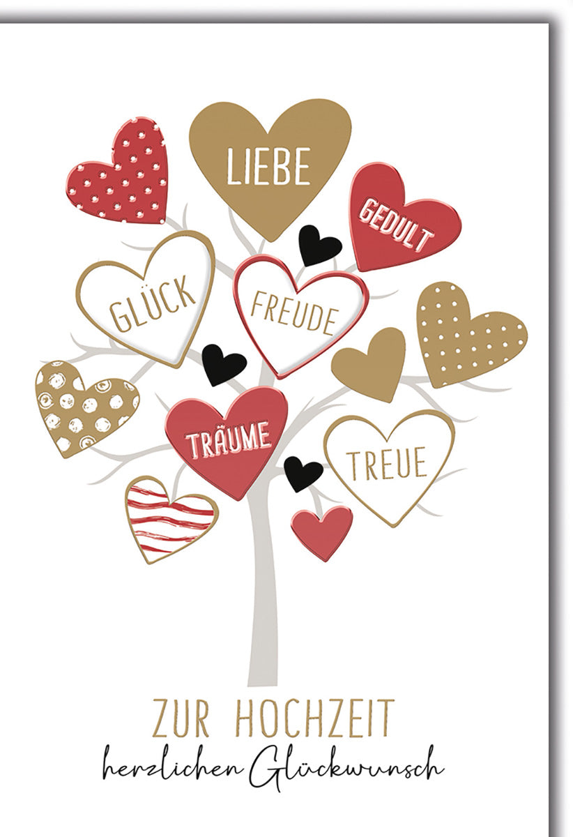 Hochzeitskarte mit Herzbaum-Design, Rot-Gold-Tönen und inspirierenden Worten für romantische Glückwünsche