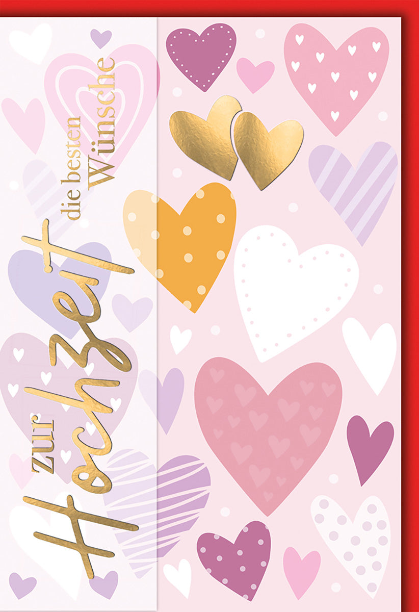 Hochzeitskarte mit Herzen in Pastell und Goldakzenten – Romantische Glückwünsche zur Trauung