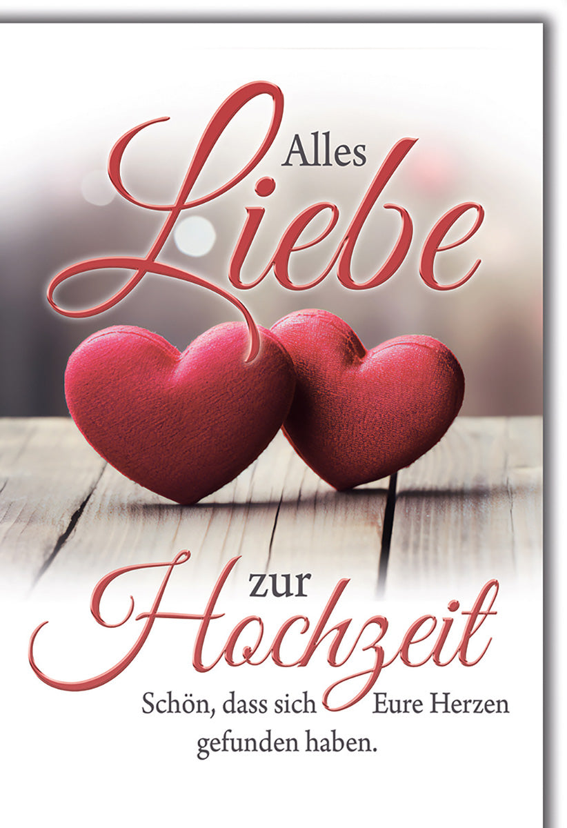 Hochzeitskarte mit Romantik-Motiv: Zwei rote Herzen auf Holz, elegantes Design für Verliebte